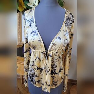 ST. JOHN SILK Yellow Black Floral Tie-Front Pullover Blouse Top Sz 12